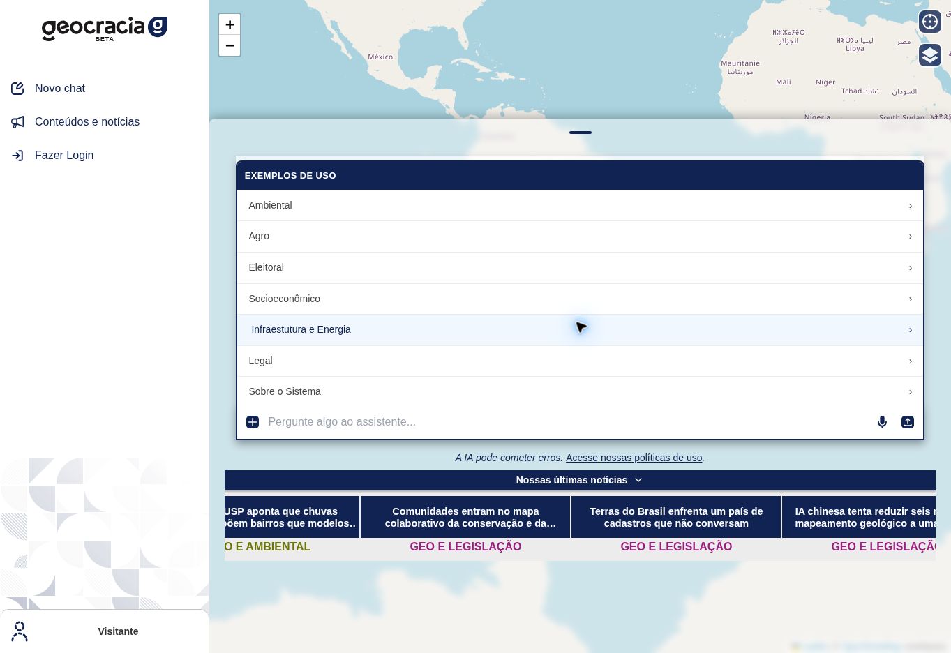Interface da plataforma Geocracia com mapas e IA
